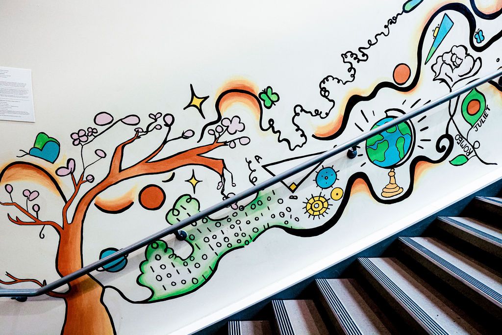 Bottom wall: a blossoming tree, a green field of binary, a globe and gears above the stairs