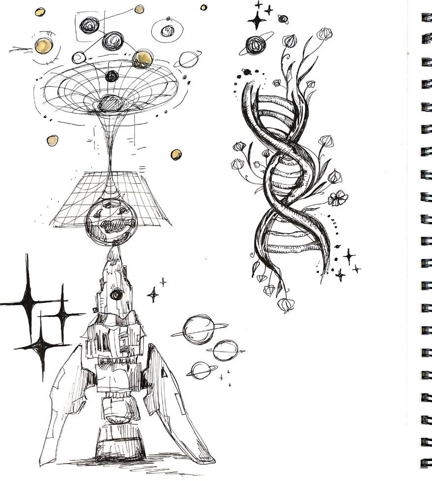 Sketchbook page: pen drawings of a rocket below a gravity well, and a DNA helix wrapped in flowers