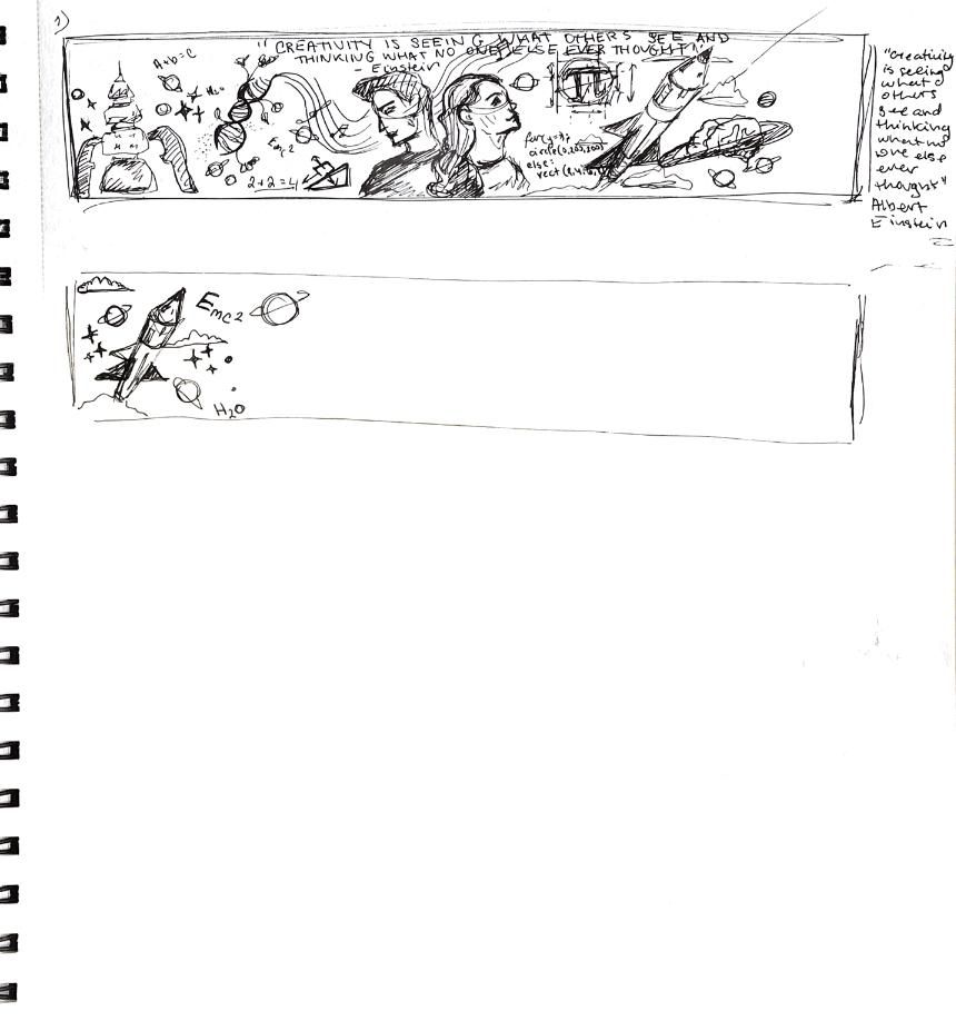 Sketchbook page: two early long-wall layouts with an Einstein quote, two faces, rockets and equations