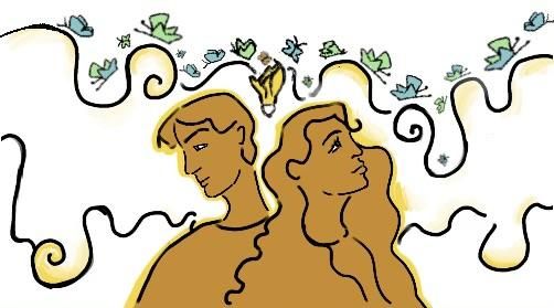 Middle wall draft in color: the two figures in ochre beneath a band of green and blue birds